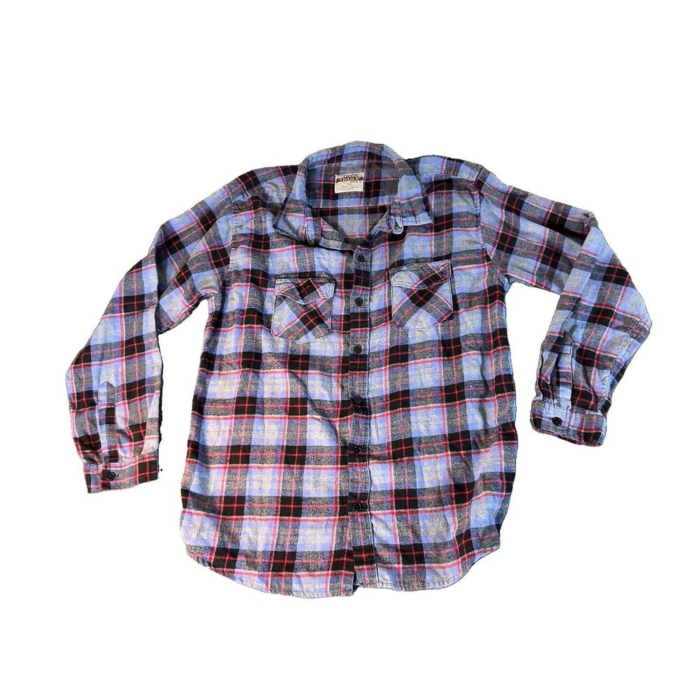 Open Trails Vintage Flannel Men’s XL Long Sleeve Shirt Cotton Black Blue Plaid